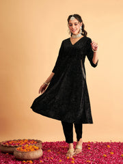 Women Black Velvet Embroidered Pocket Anarkali Dress