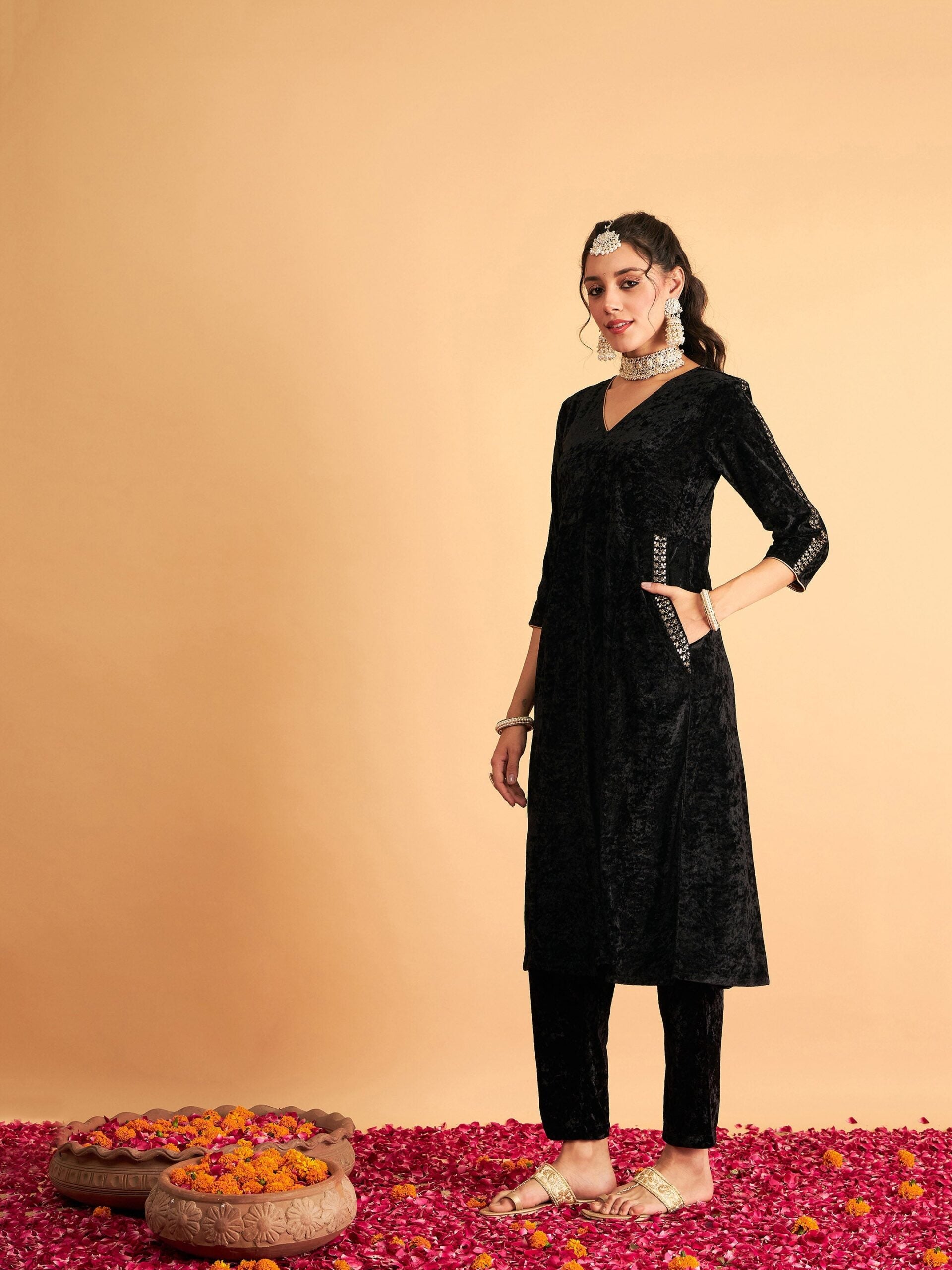 Women Black Velvet Embroidered Pocket Anarkali Dress