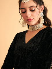 Women Black Velvet Embroidered Pocket Anarkali Dress