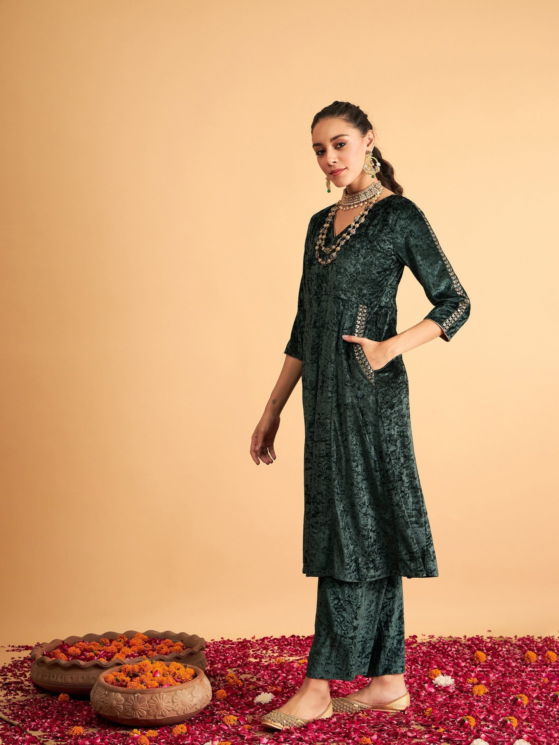 Women Emerald Velvet Embroidered Pocket Anarkali Dress