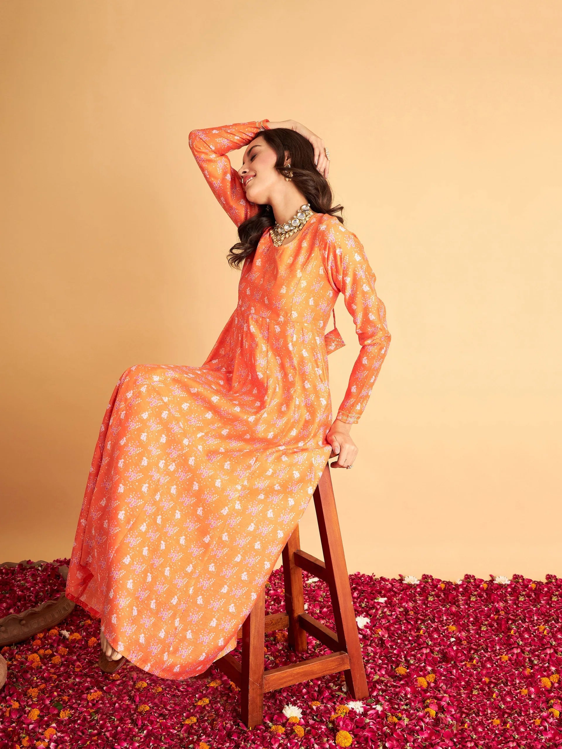 Women Orange Floral Round Neck Anarkali Maxi Dress