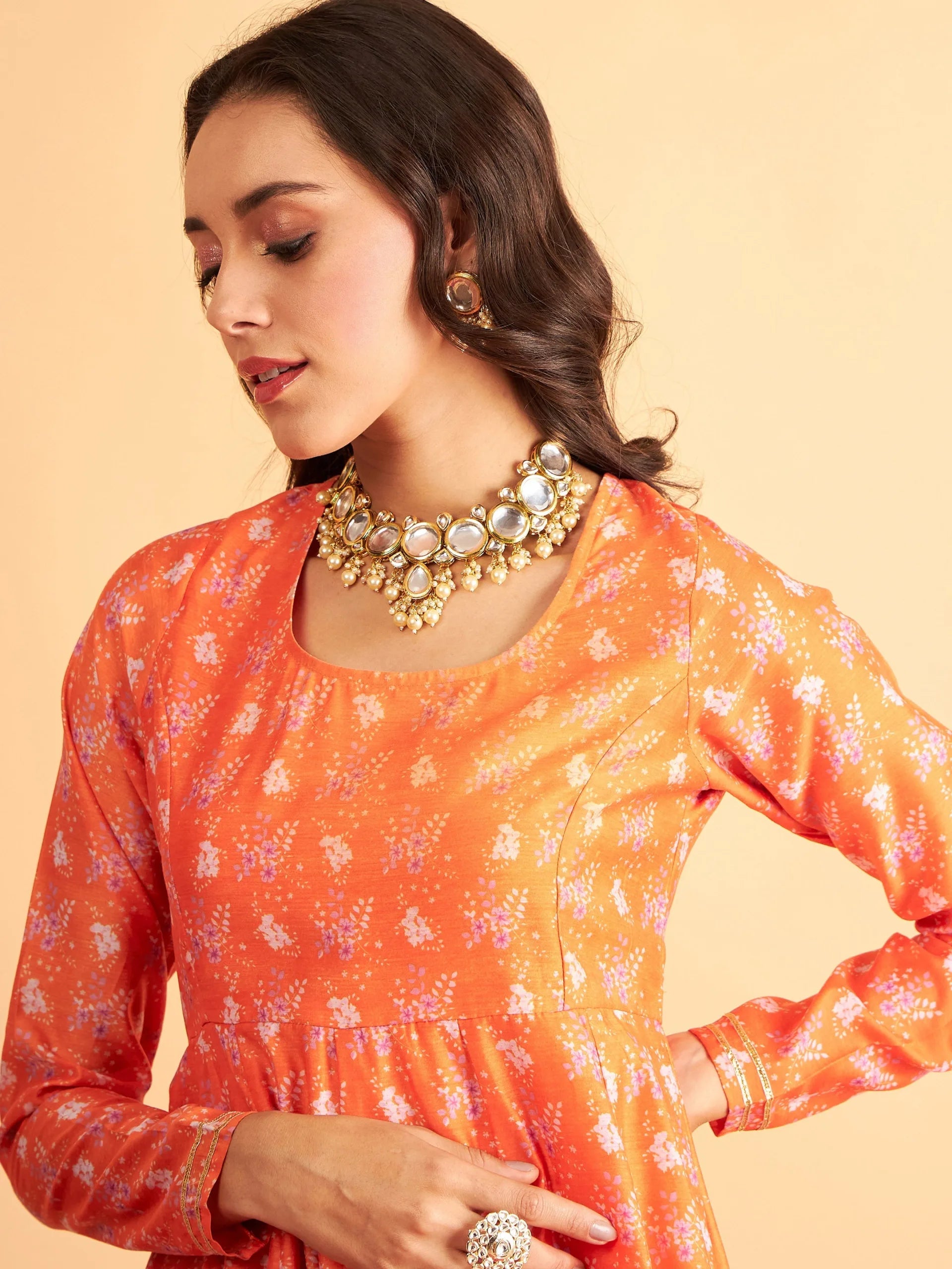 Women Orange Floral Round Neck Anarkali Maxi Dress