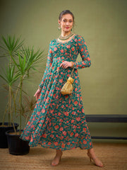 Women Teal Green Floral Anarkali Kurta