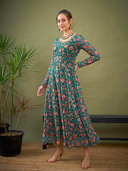 Women Teal Green Floral Anarkali Kurta