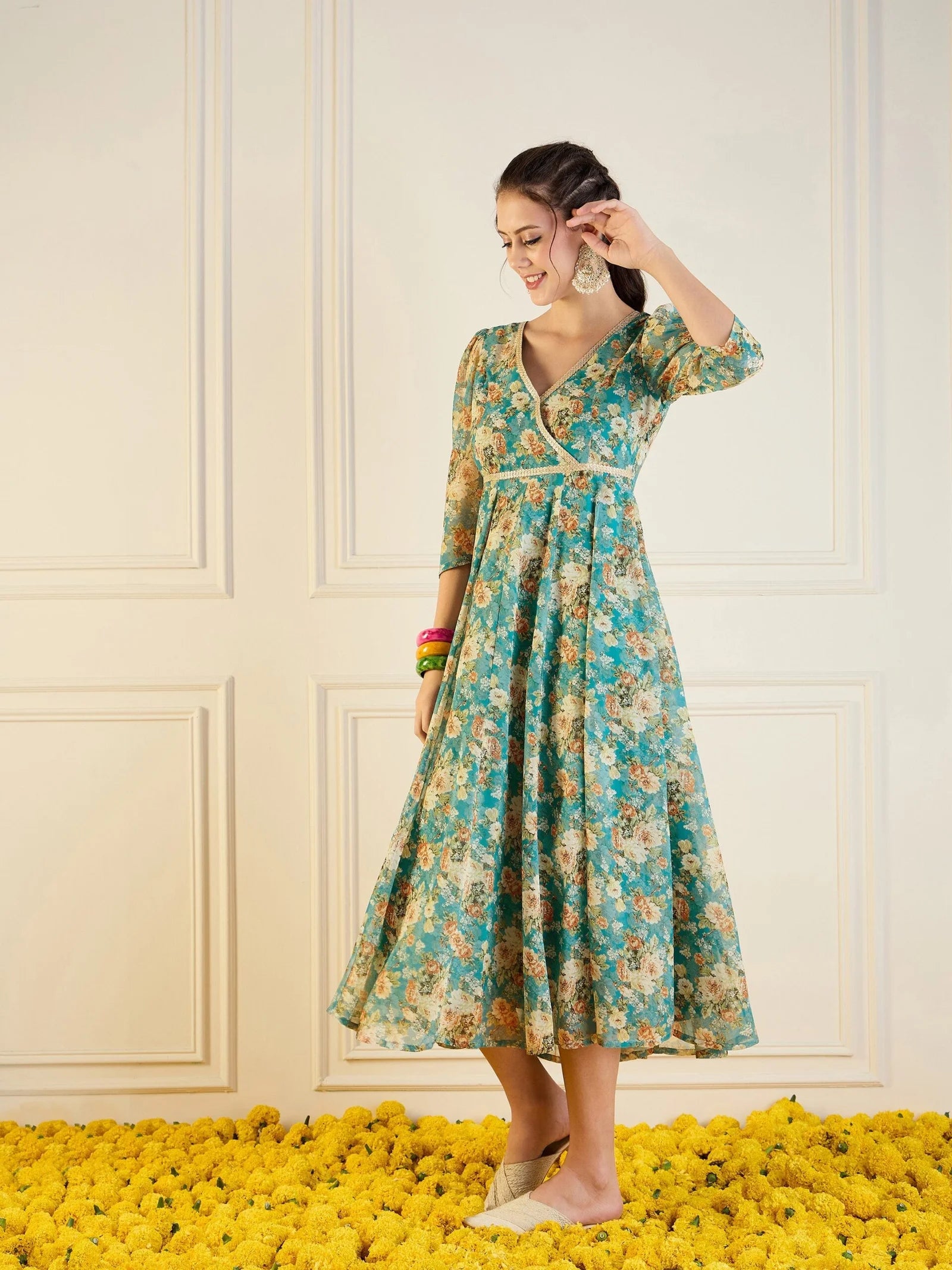 Women Turquoise Blue Floral Anarkali Maxi Dress