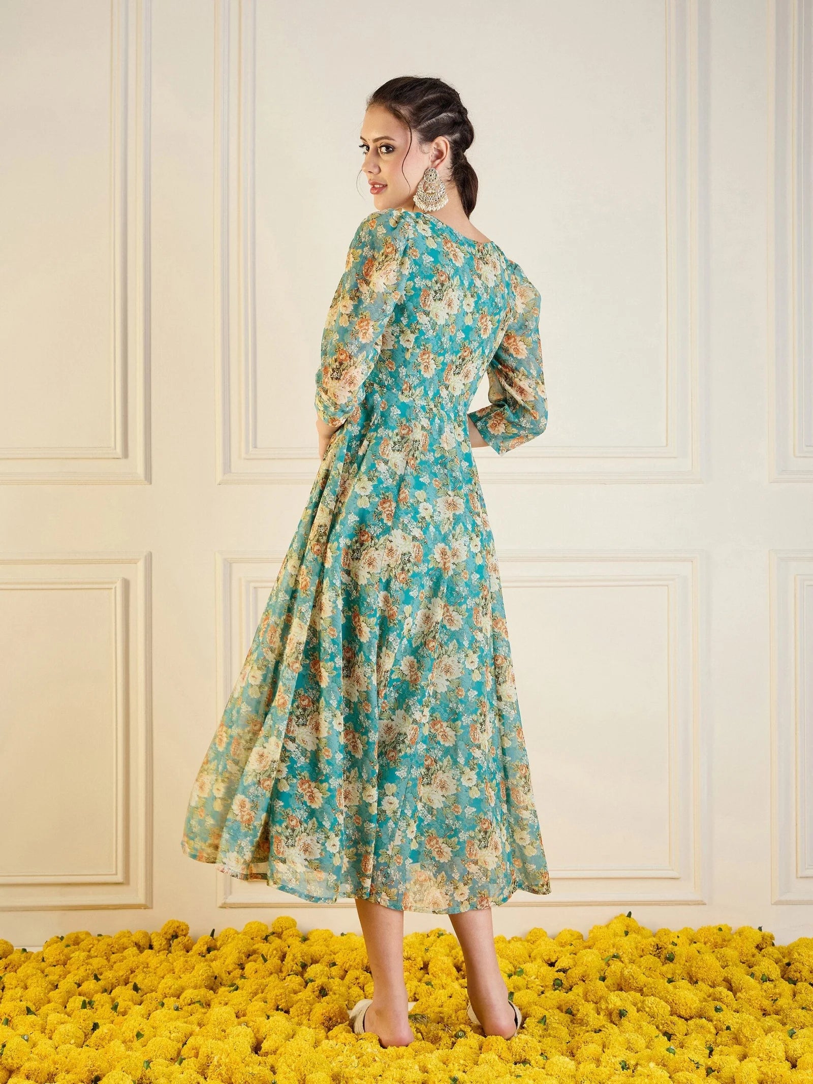 Women Turquoise Blue Floral Anarkali Maxi Dress