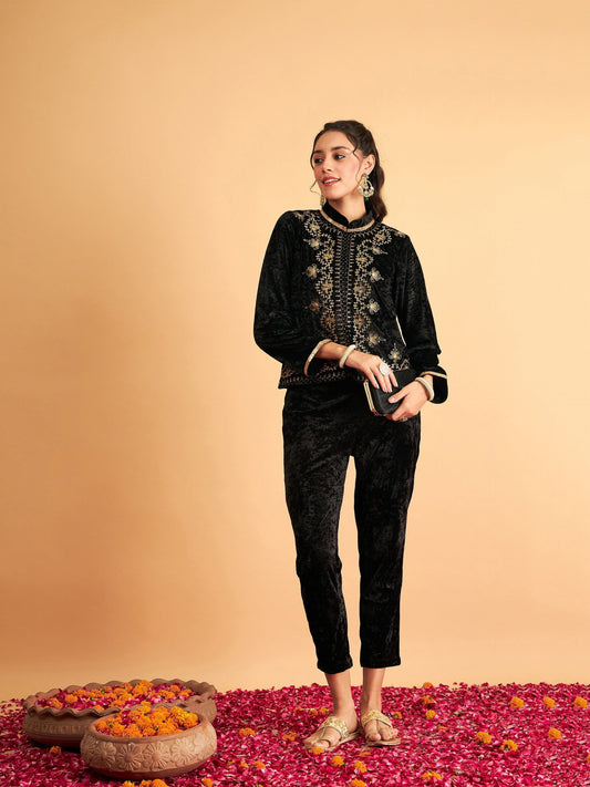 Women Black Velvet Front Embroidered Jacket