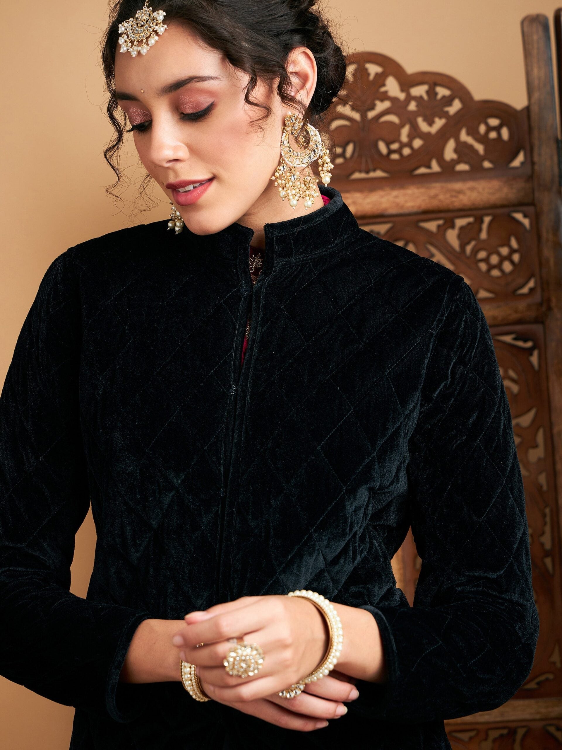 Women Black Velvet Quilted Jacket