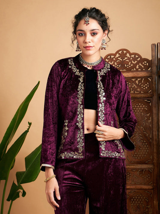 Women Purple Velvet Embroidered Jacket