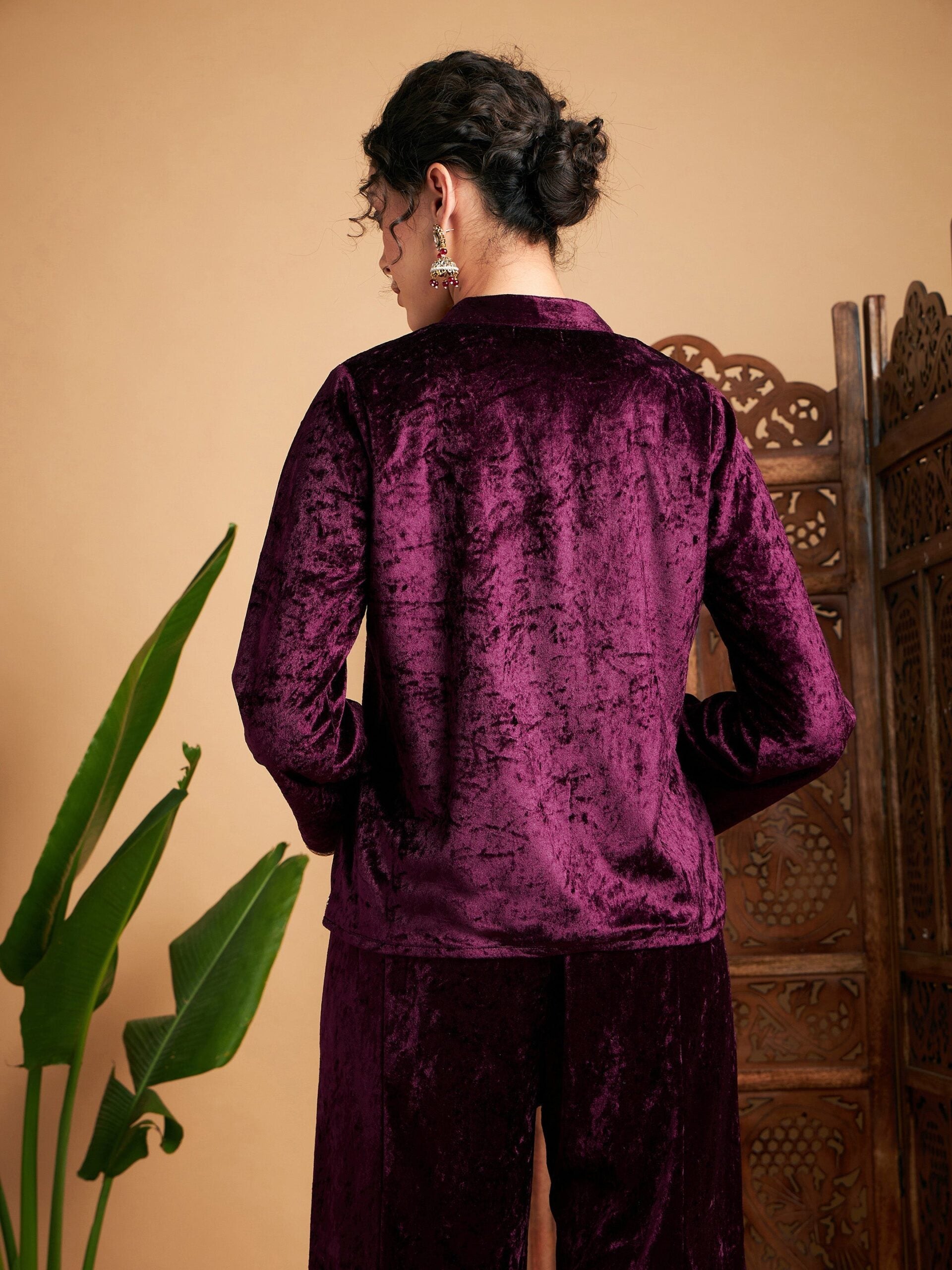 Women Purple Velvet Embroidered Jacket