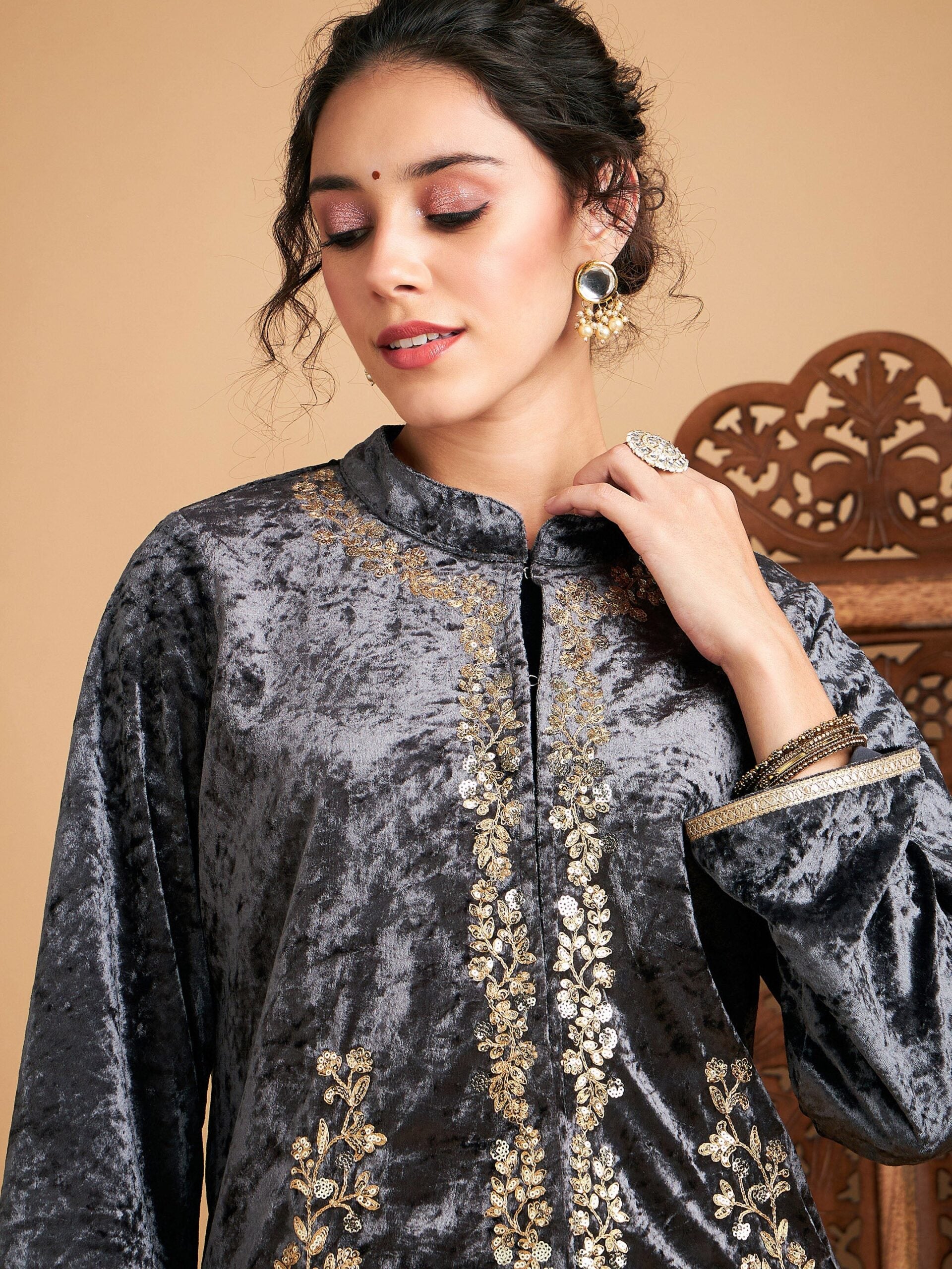 Women Grey Velvet Embroidered Jacket