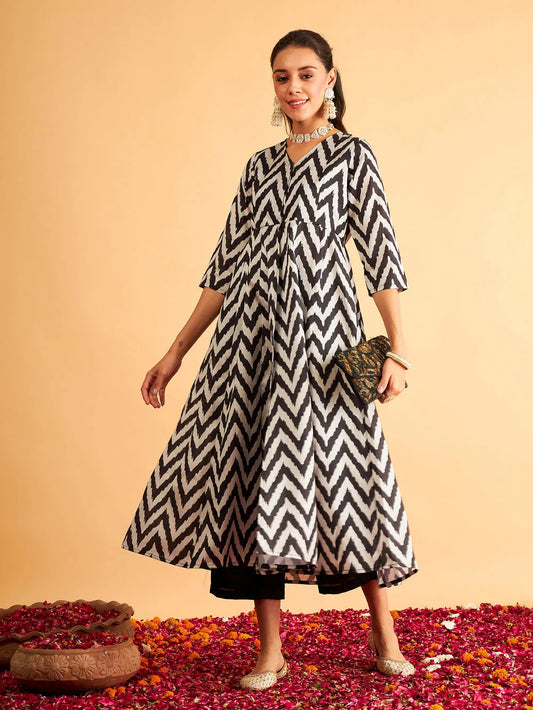 Black Ikat Print Kali Kurta