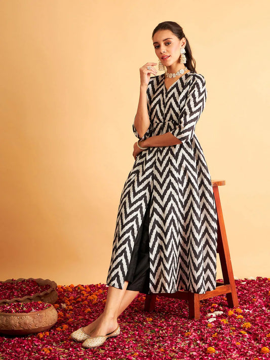 Black Ikat Print Kali Kurta