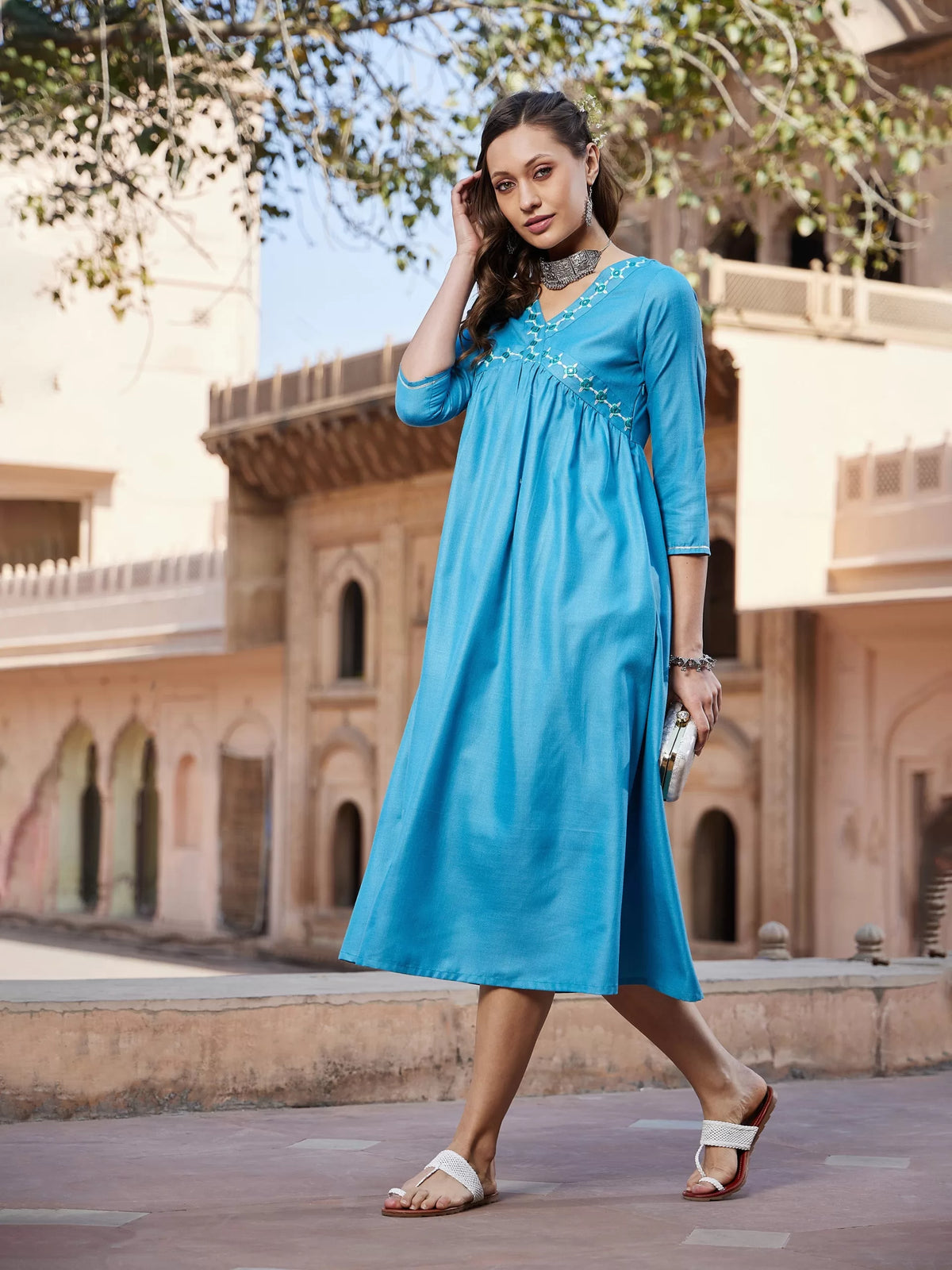 Women Teal Embroidered Slant Empire Seam Kurta