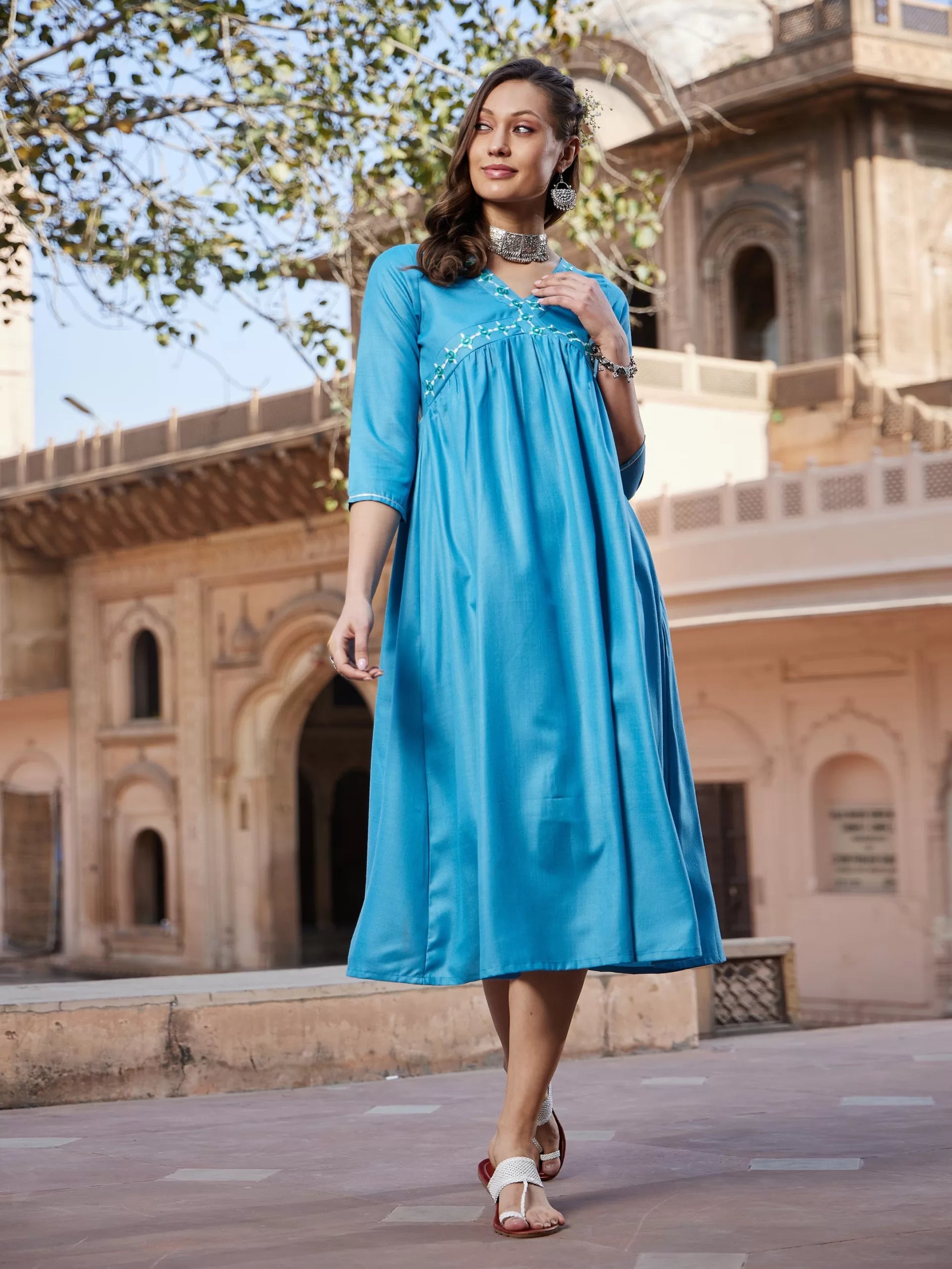 Women Teal Embroidered Slant Empire Seam Kurta