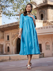 Women Teal Embroidered Slant Empire Seam Kurta