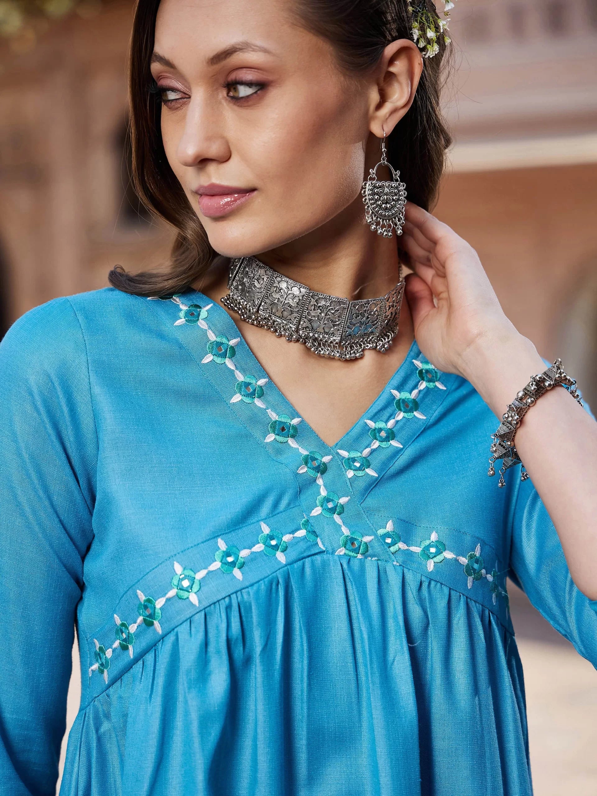 Women Teal Embroidered Slant Empire Seam Kurta