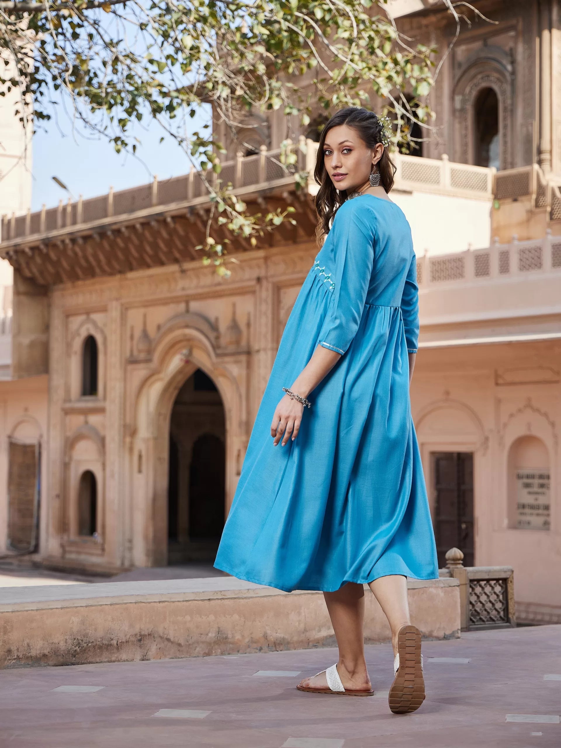 Women Teal Embroidered Slant Empire Seam Kurta