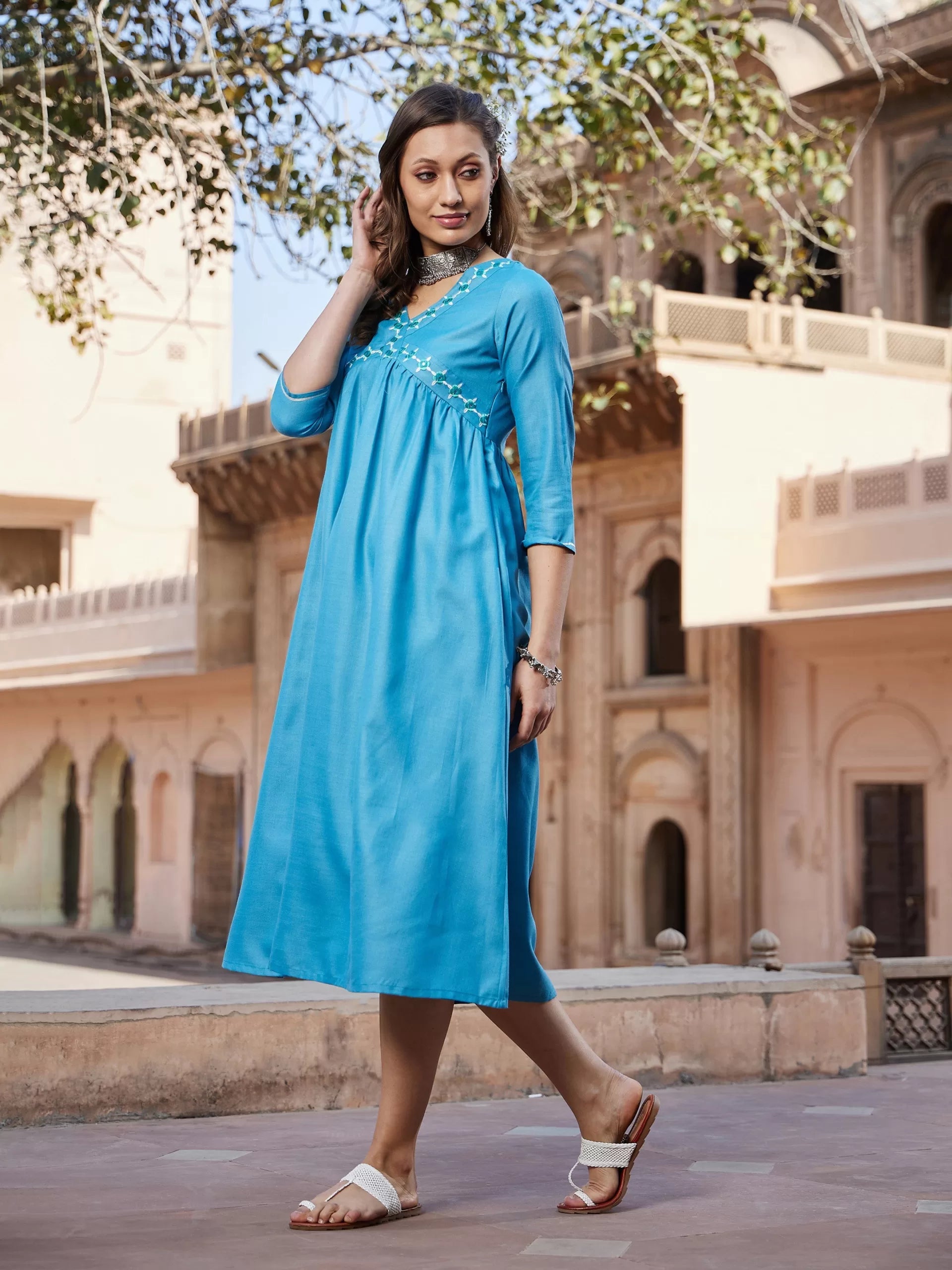 Women Teal Embroidered Slant Empire Seam Kurta