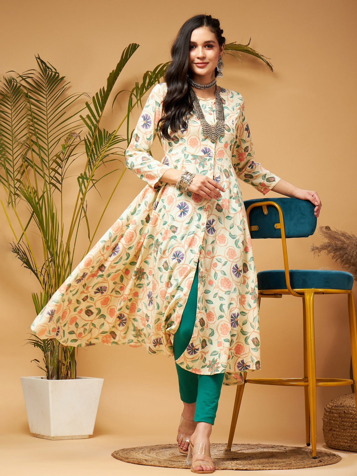 Women Beige floral Front Open Anarklai Kurta