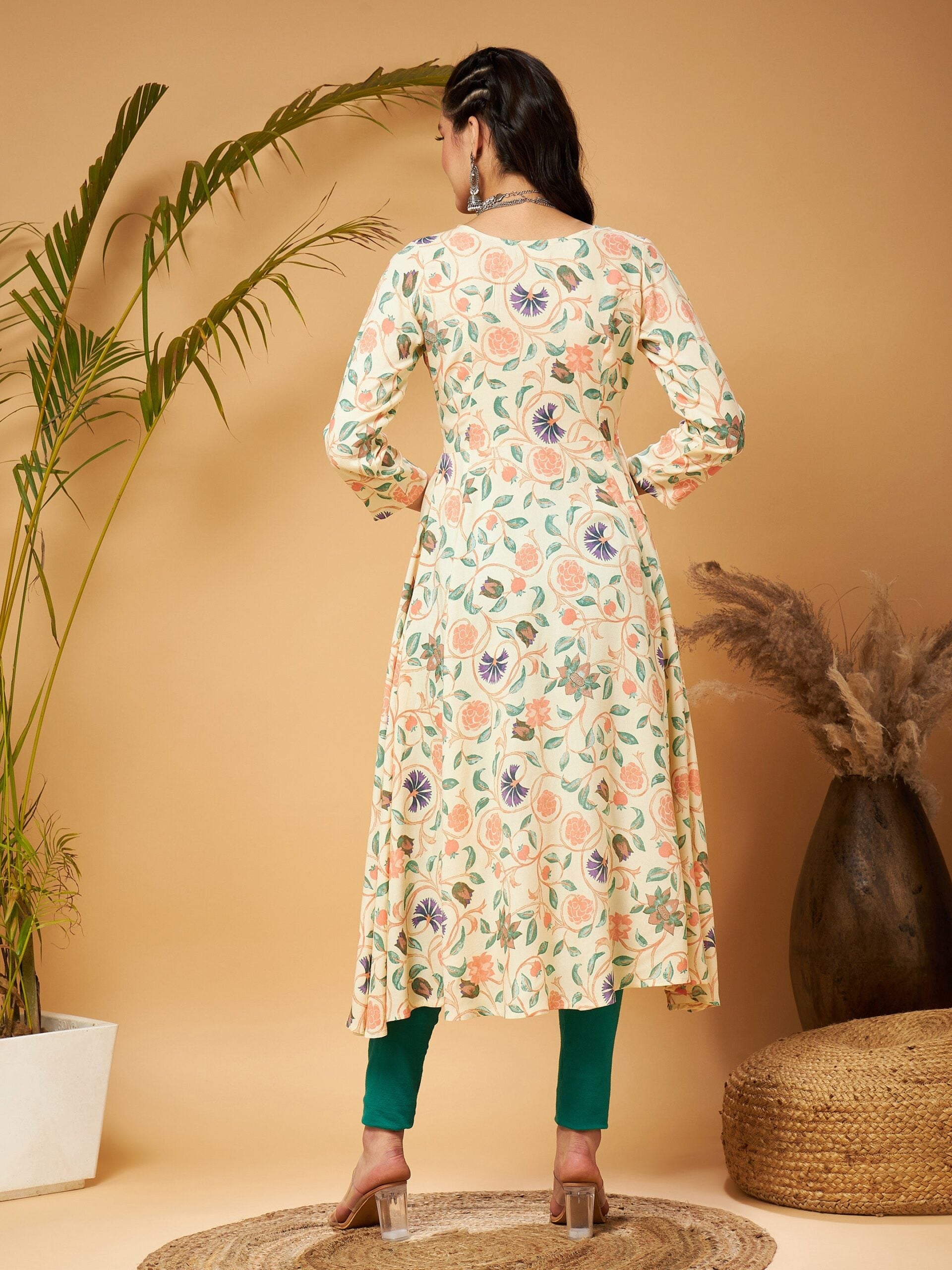 Women Beige floral Front Open Anarklai Kurta