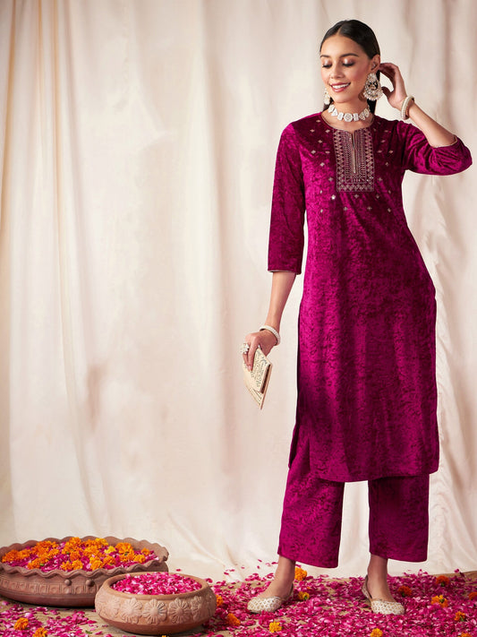 Women Fuchsia Velvet Front Embroidered Straight Kurta