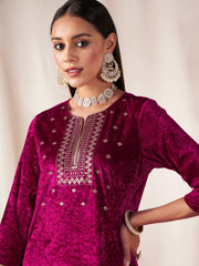 Women Fuchsia Velvet Front Embroidered Straight Kurta