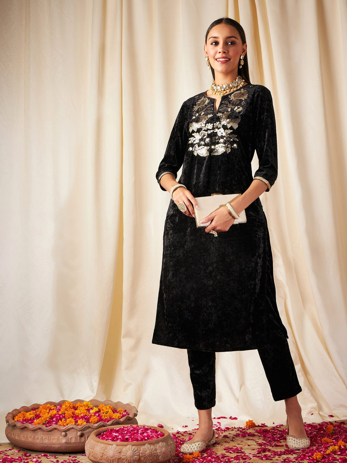 Women Black Velvet Front Embroidered Straight Kurta