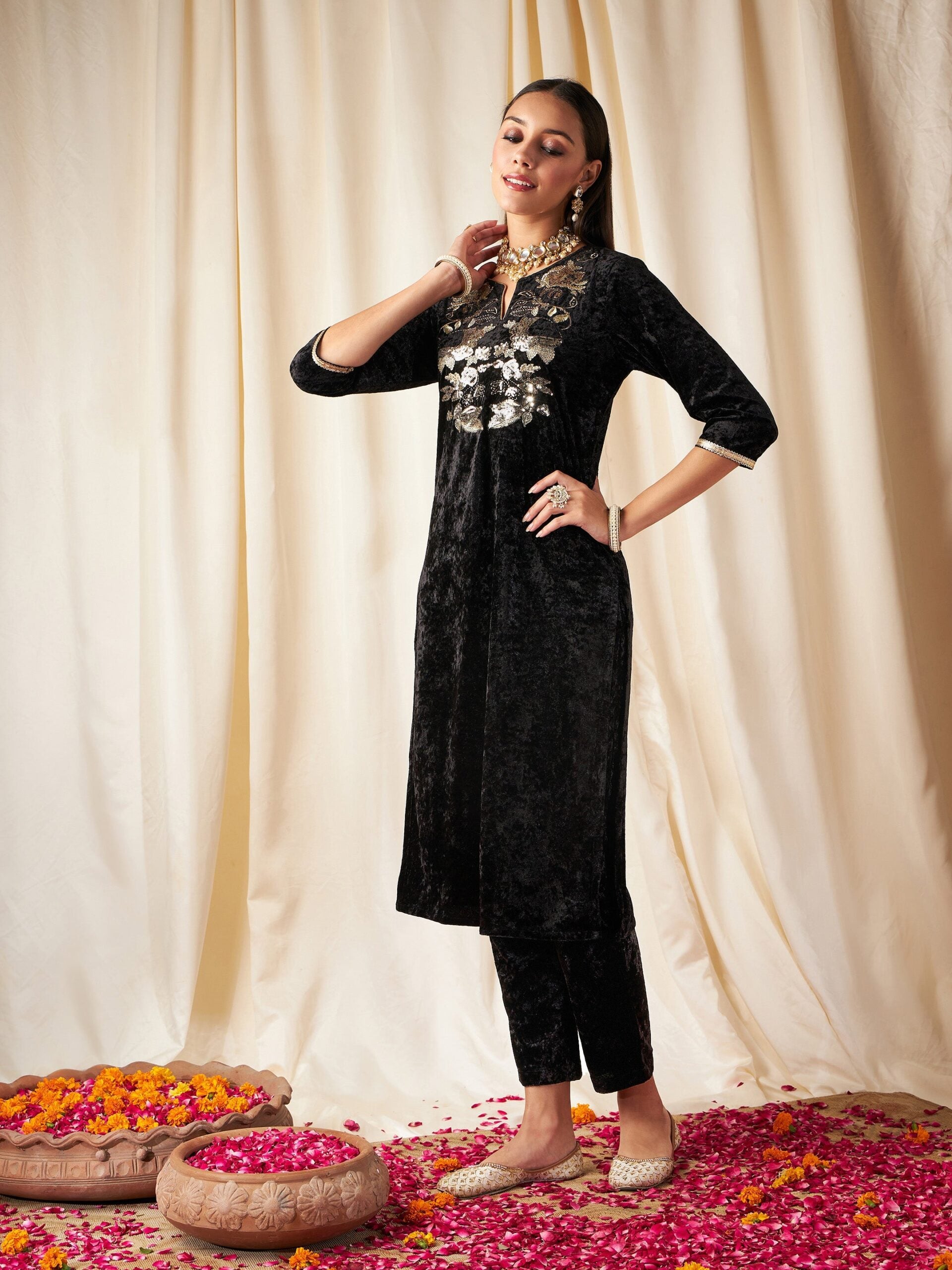 Women Black Velvet Front Embroidered Straight Kurta