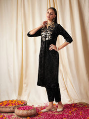 Women Black Velvet Front Embroidered Straight Kurta