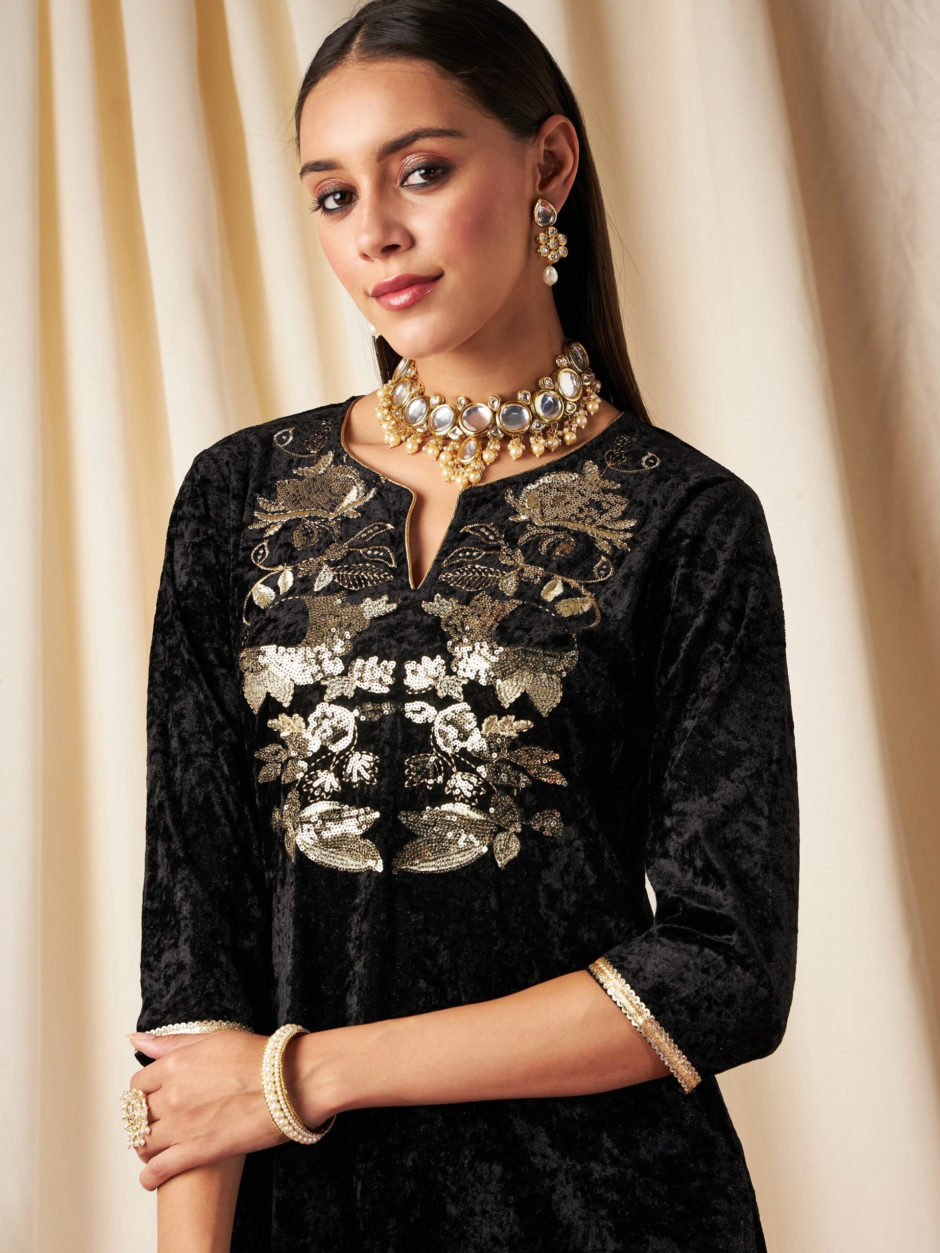 Women Black Velvet Front Embroidered Straight Kurta