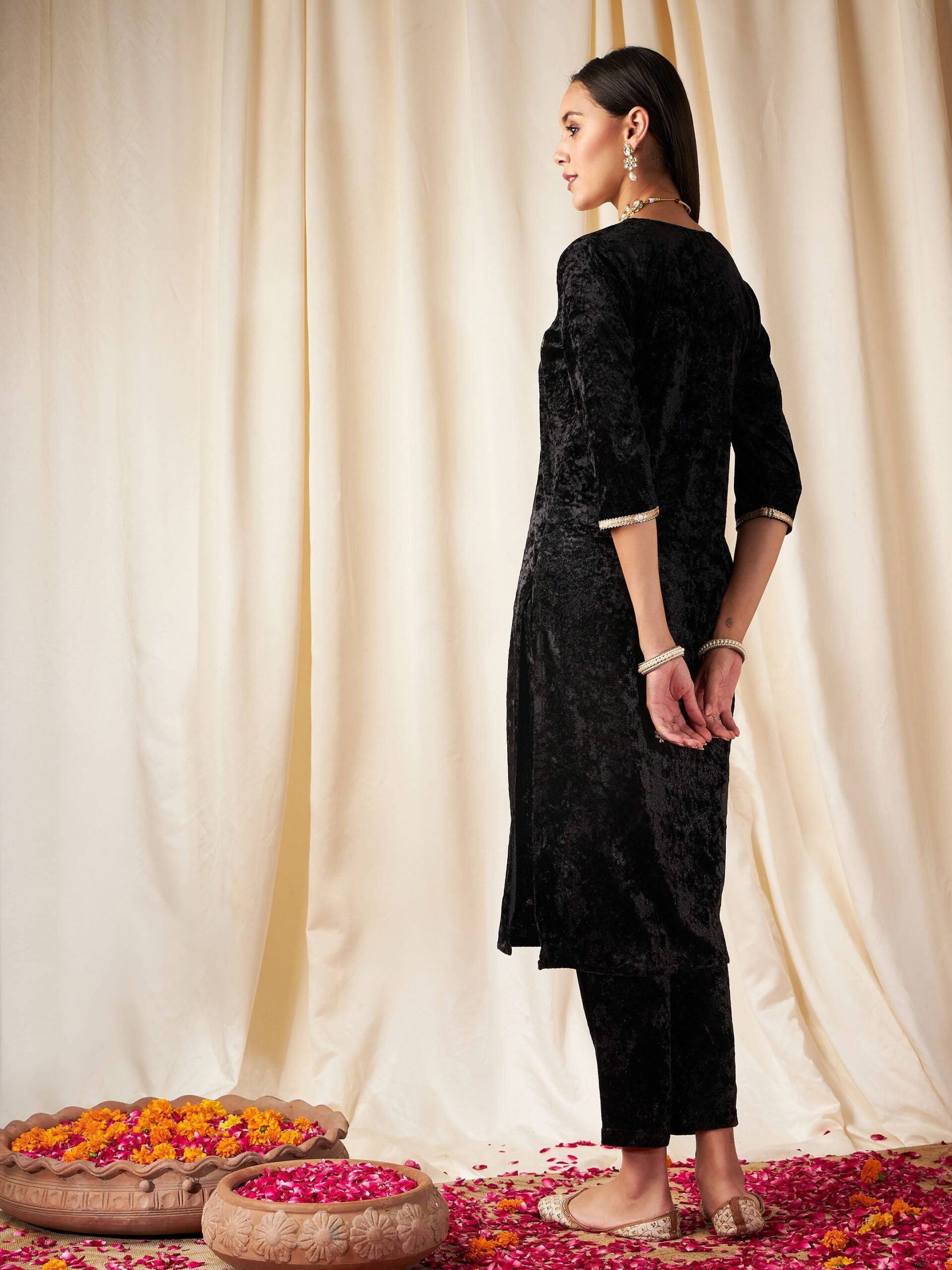 Women Black Velvet Front Embroidered Straight Kurta