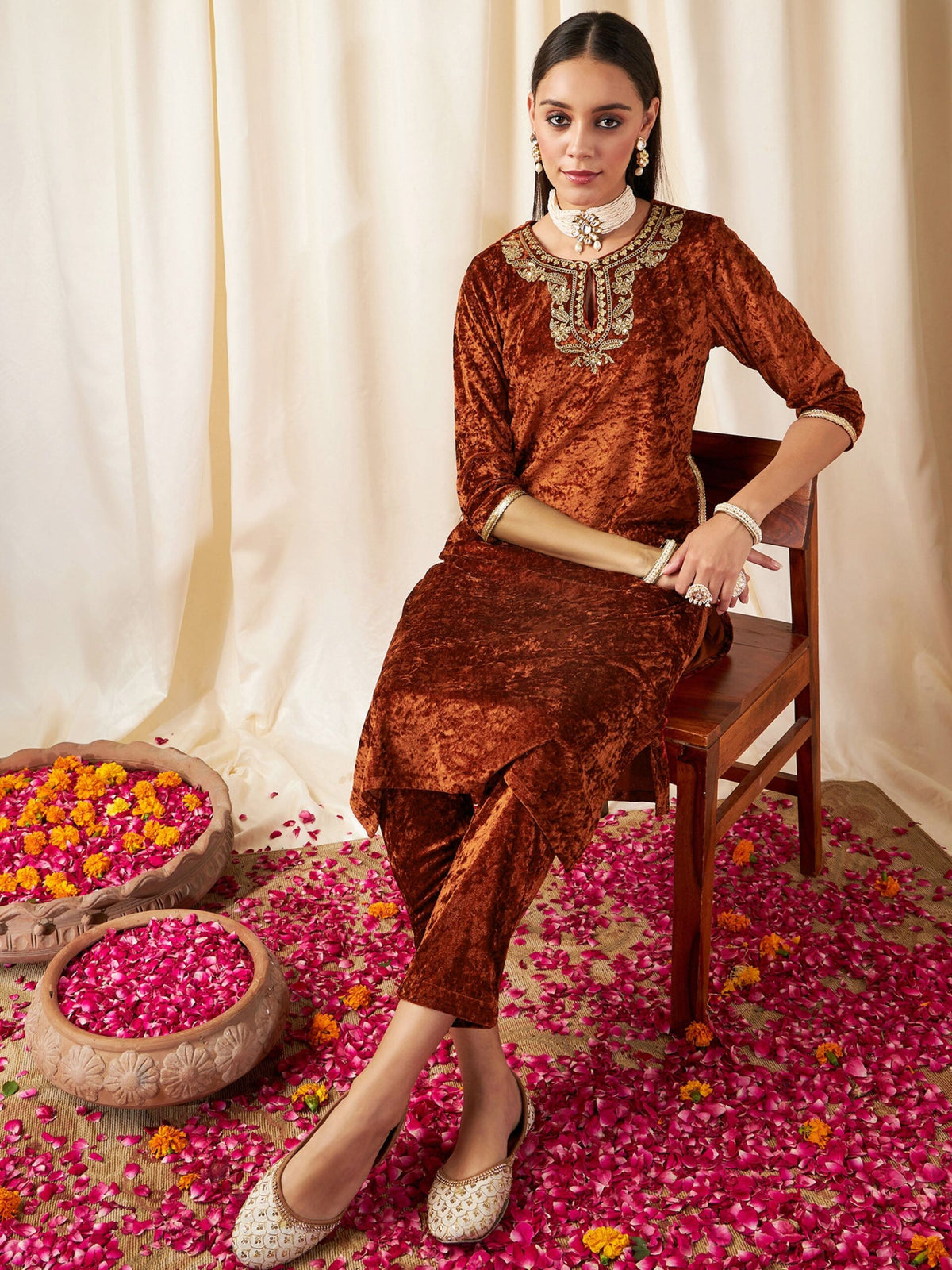 Women Rust Embroidered Neck Straight Kurta