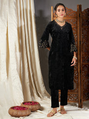 Women Black Velvet Sleeve Embroidered Straight Kurta