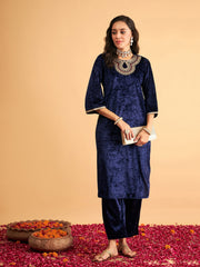 Women Navy Blue Velvet Front Zari Embroidered Straight Kurta