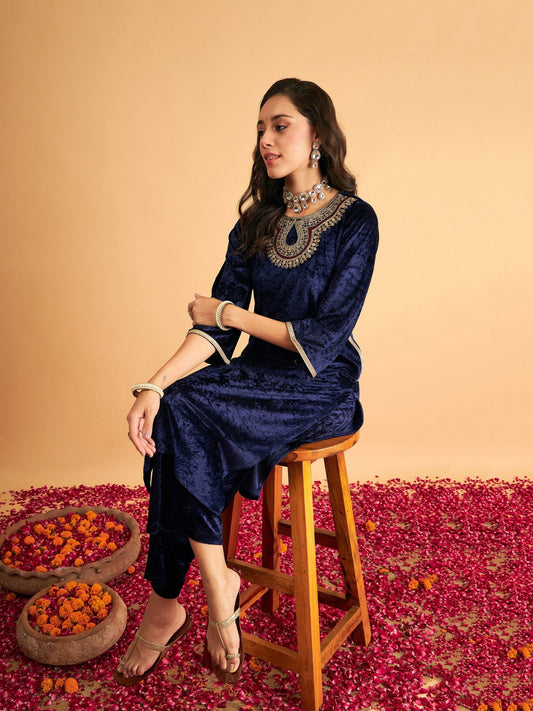 Women Navy Blue Velvet Front Zari Embroidered Straight Kurta