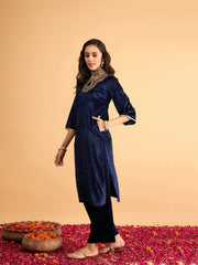 Women Navy Blue Velvet Front Zari Embroidered Straight Kurta