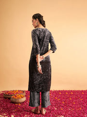 Women Grey Velvet Embroidered Straight Kurta