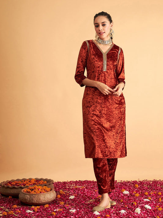 Women Rust Velvet Embroidered Straight Kurta