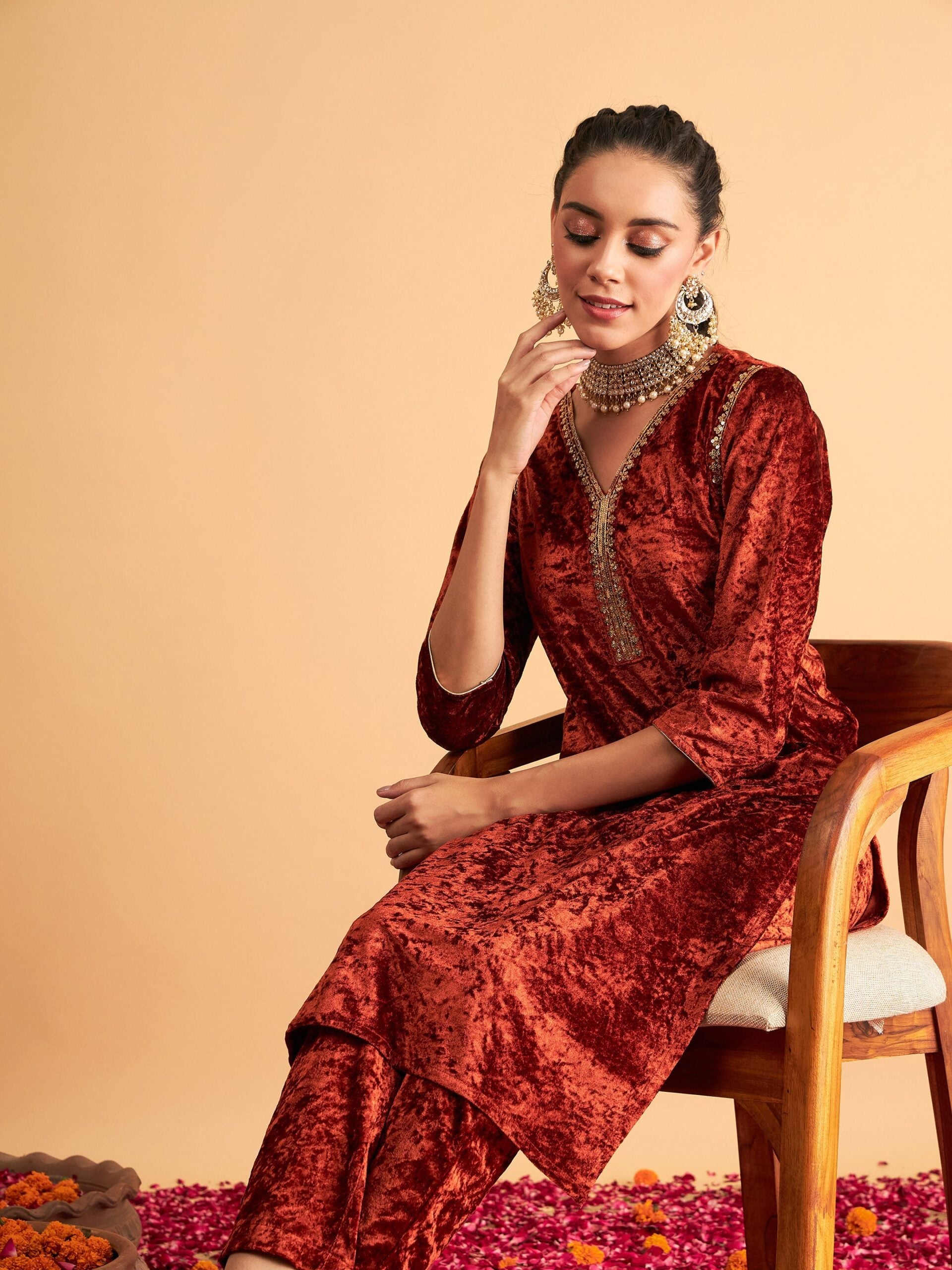 Women Rust Velvet Embroidered Straight Kurta