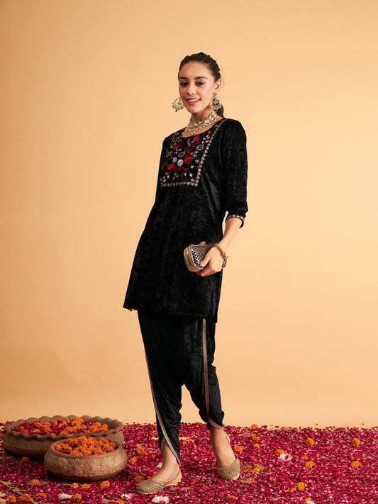 Women Black Velvet Front Yoke Embroidered Short Kurta