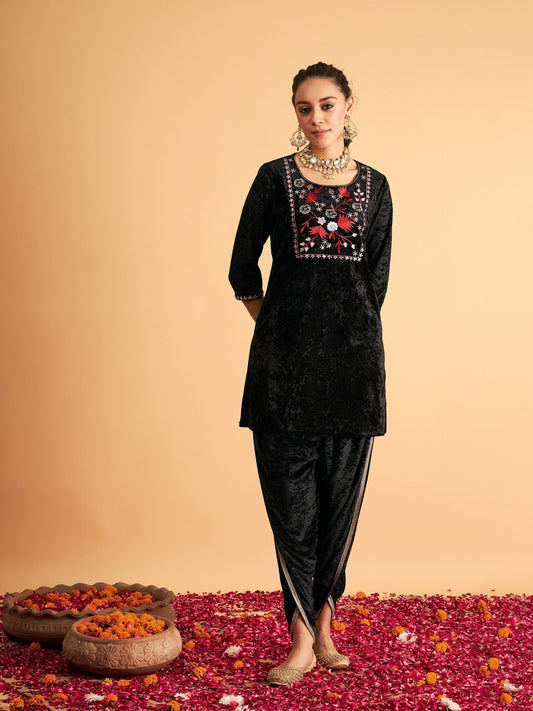 Women Black Velvet Front Yoke Embroidered Short Kurta