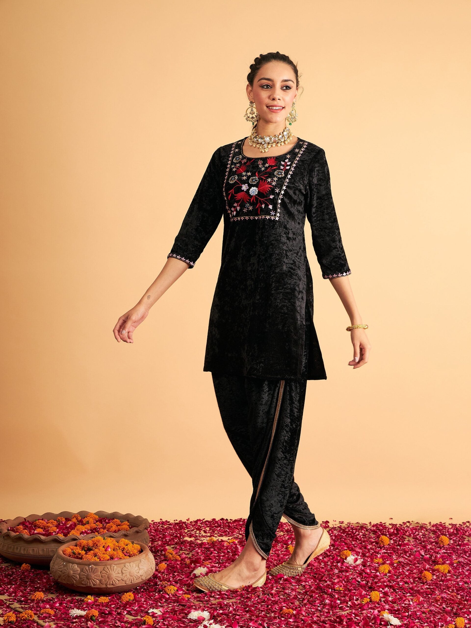 Women Black Velvet Front Yoke Embroidered Short Kurta