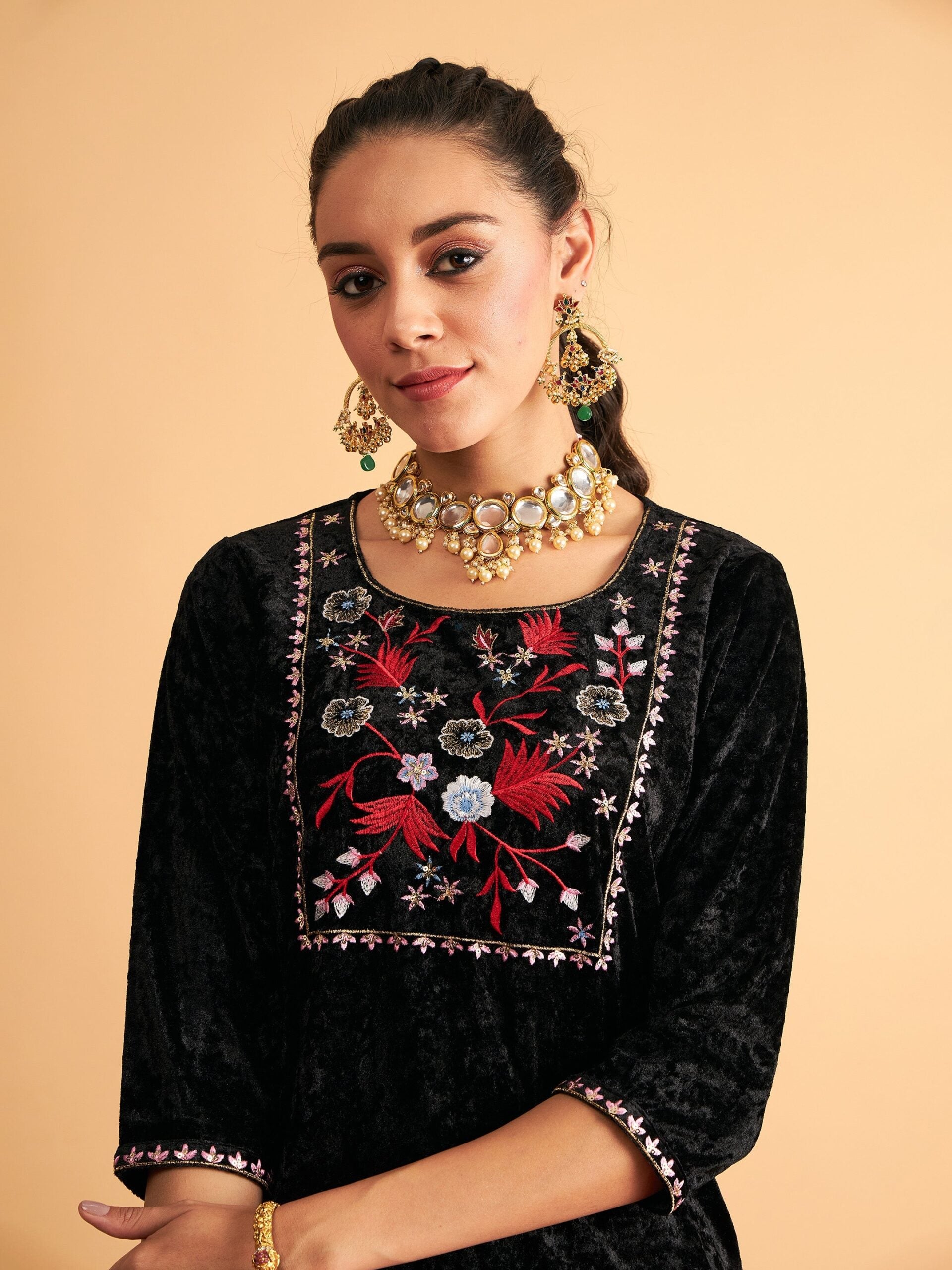 Women Black Velvet Front Yoke Embroidered Short Kurta