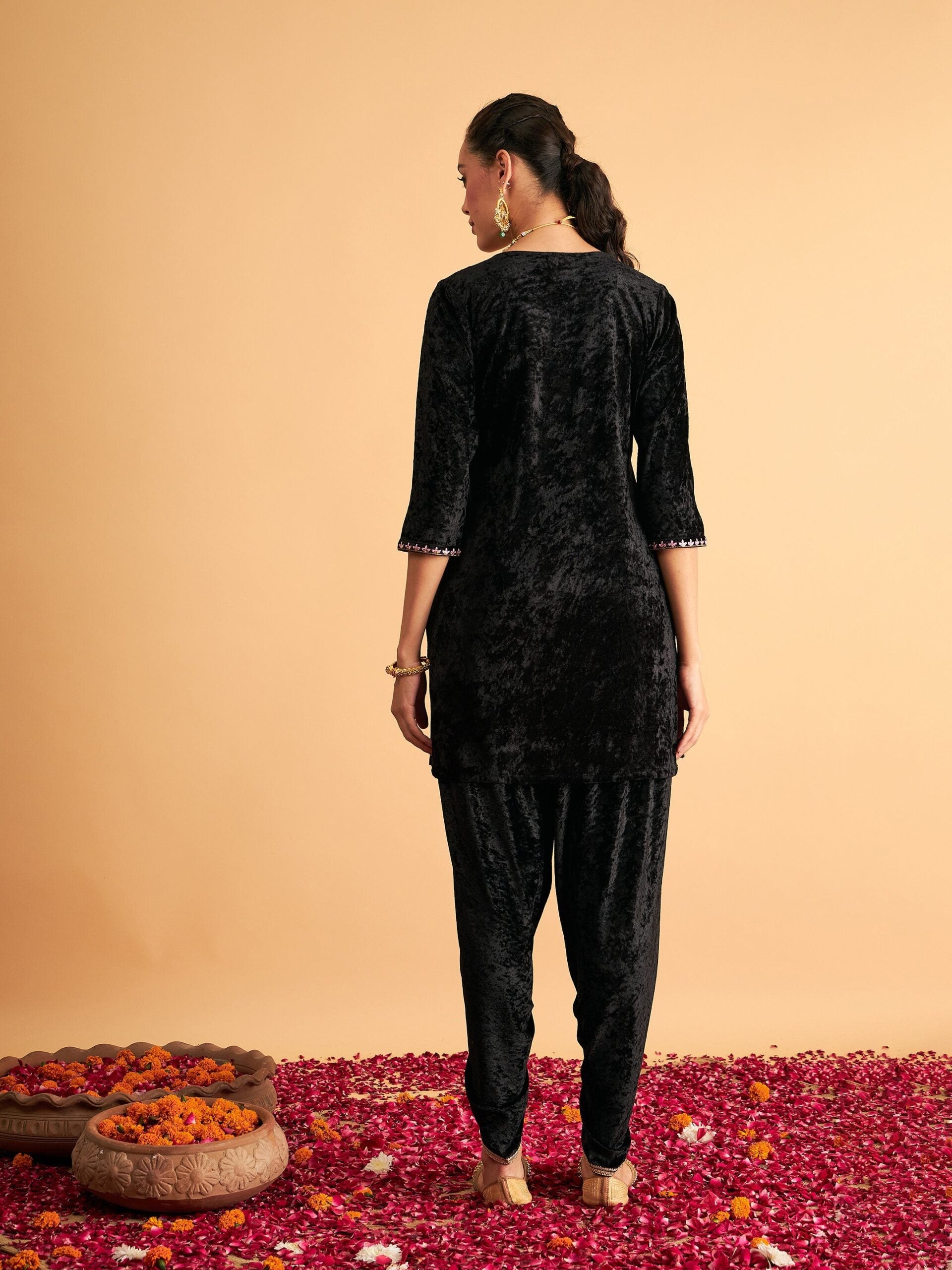 Women Black Velvet Front Yoke Embroidered Short Kurta