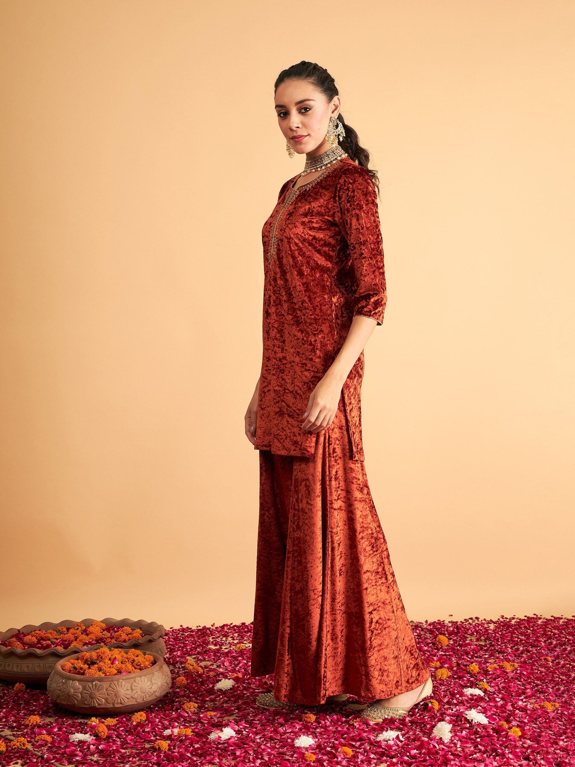 Women Rust Velvet Sequence Embroidered Short Kurta