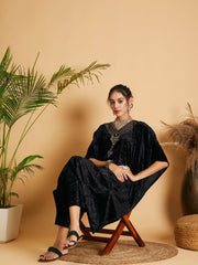 Women Black Velvet Kaftan Kurta