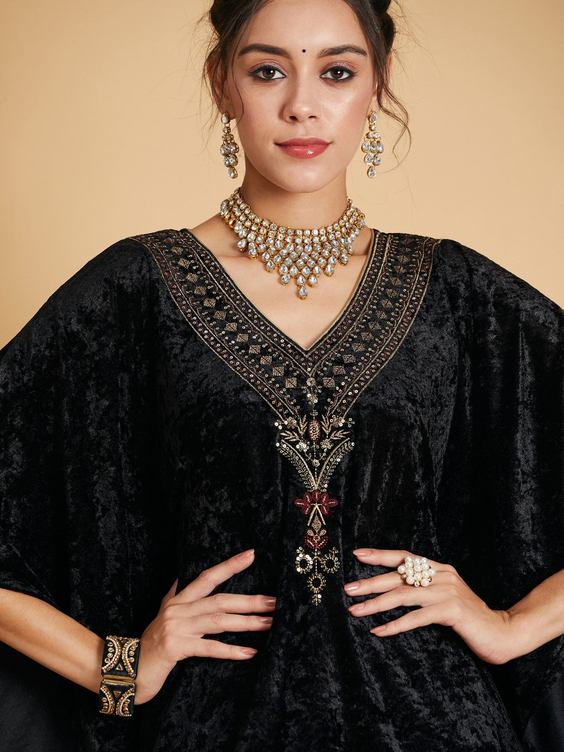 Women Black Velvet Kaftan Kurta