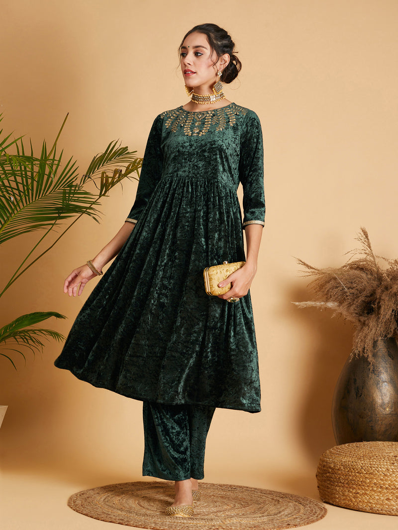 Women Emerald Neck Embroidered Velvet Gathered Kurta