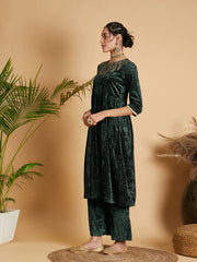 Women Emerald Neck Embroidered Velvet Gathered Kurta